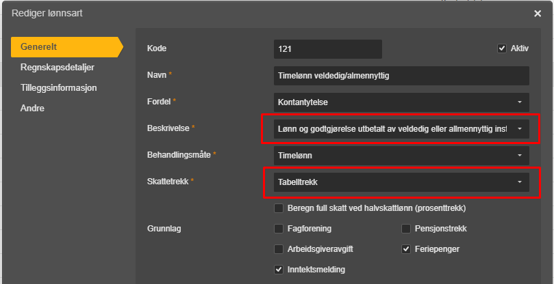 Rediger lønnstart: Beskrivelse («Lønn og godtgjørelse...») og Skattekrekk («Tabelltrekk») fremhevet med rødt