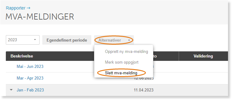 MVA-meldinger 2023 → Alternativer-meny: Opprett ny mva-melding, Merk som oppgjort, Slett mva-melding