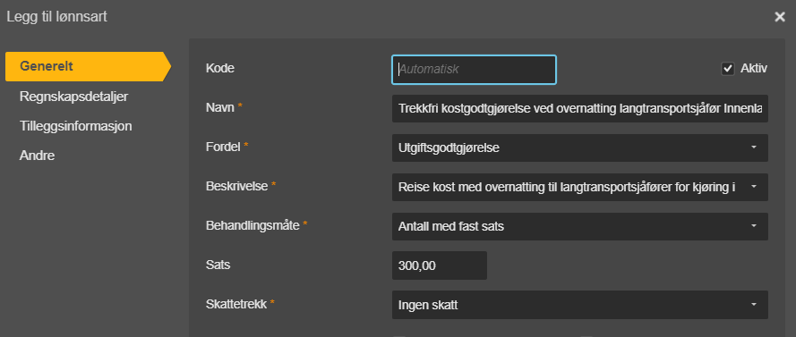 Dialogboks Legg til lønnsart: Kode Automatisk, Behandlingsmåte Antall med fast sats, Sats 300,00, Skattetrekk Ingen skatt