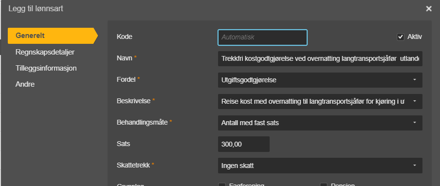 Dialogboks Legg til lønnsart → Generelt med Kode Automatisk, Fordel og Sats 300,00