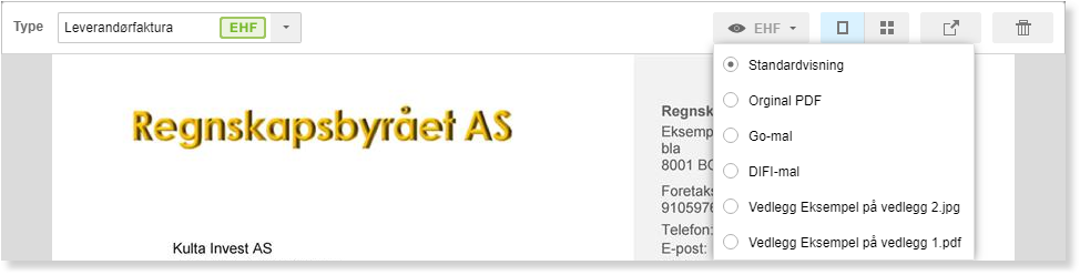 EHF-leverandørfaktura for Regnskap AS med utskriftsmenyen åpen: Standardvisning, Original PDF, Go-mail, DiFi-mail