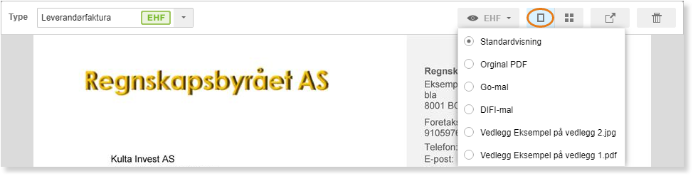 EHF-faktura Regnskapsbyrået AS med dialogboks for visningsformat (Standardvisning, Original PDF, Go-mal, DiFi-mal)