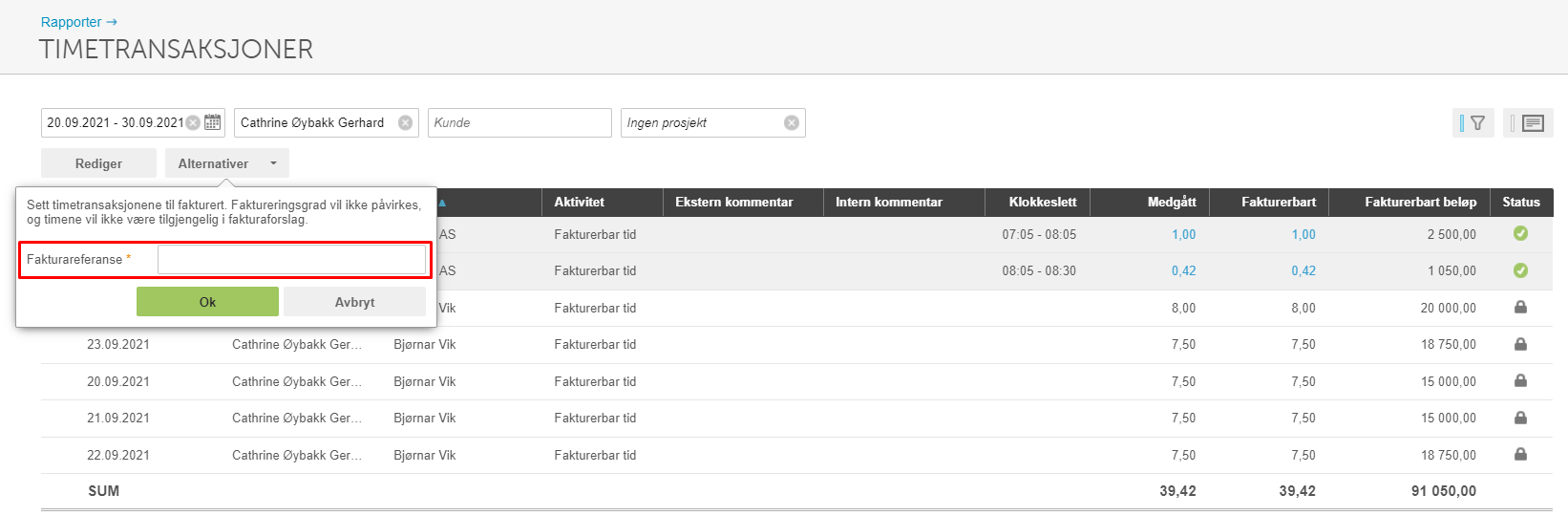 Timetransaksjonsliste med Fakturareranse-dialogboks: Ok og Avbryt-knapper