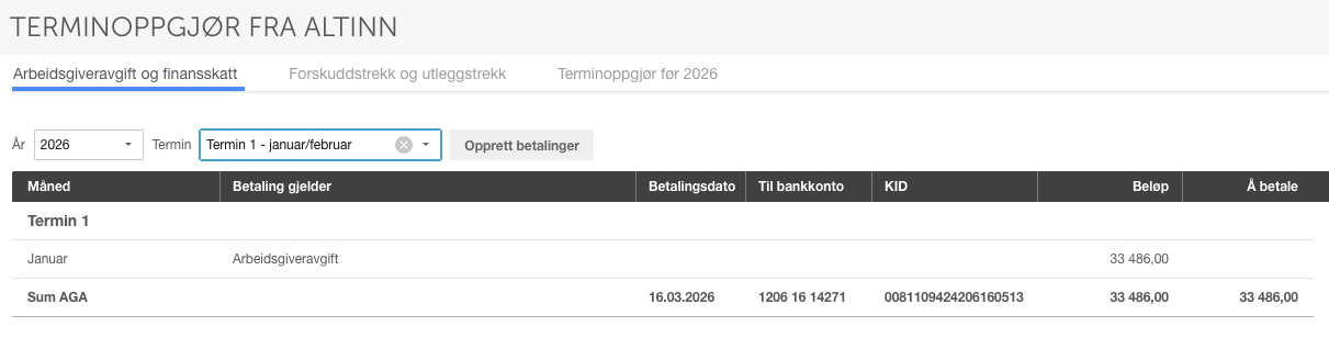 Terminoppgjør 2026 Termin 1 januar–februar: Arbeidsgiversvift 33 486,00 kr, forfall 16.03.2026