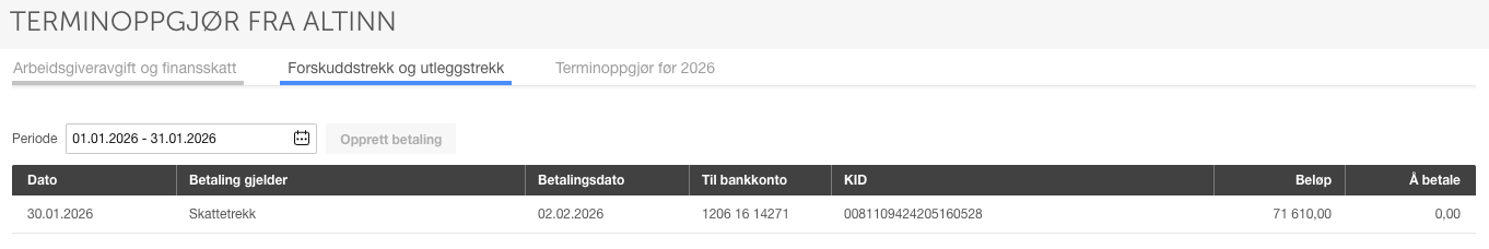 Forskuddstrekk og utleggstrekk-fanen: skattetrekk 30.01.2026, beløp 71 610,00, bankkonto 1206 16 14271
