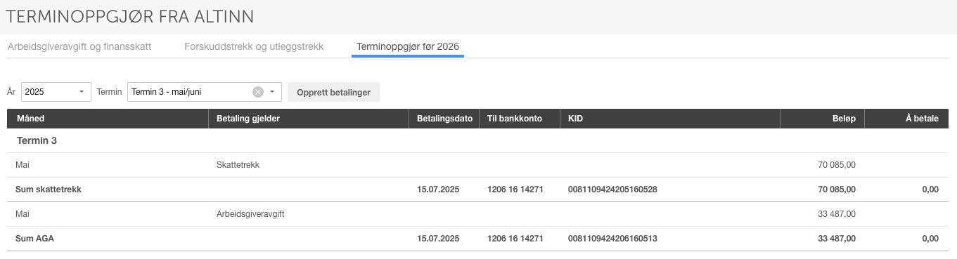 Terminoppgjør 2025 termin 3: Skattetrekk 70 085 kr og arbeidsgiveravgift 33 487 kr, forfallsdato 15.07.2025