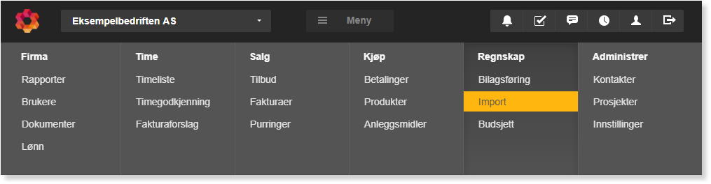 Hovedmeny med Regnskap-kategorien åpen, Import-knappen uthevet gult
