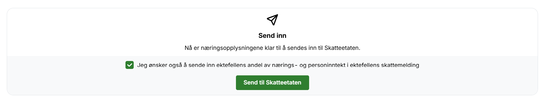 Innsendingsdialog: «Send inn» med bekreftet avkryssing for ektfelles andel og «Send til Skatteetaten»-knapp
