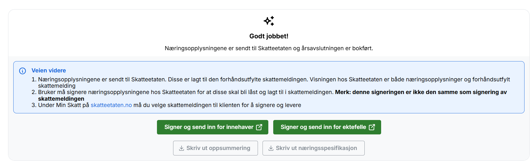 Næringssendinger bokført → Bekreftelse med signeringsknapper og nedlasting
