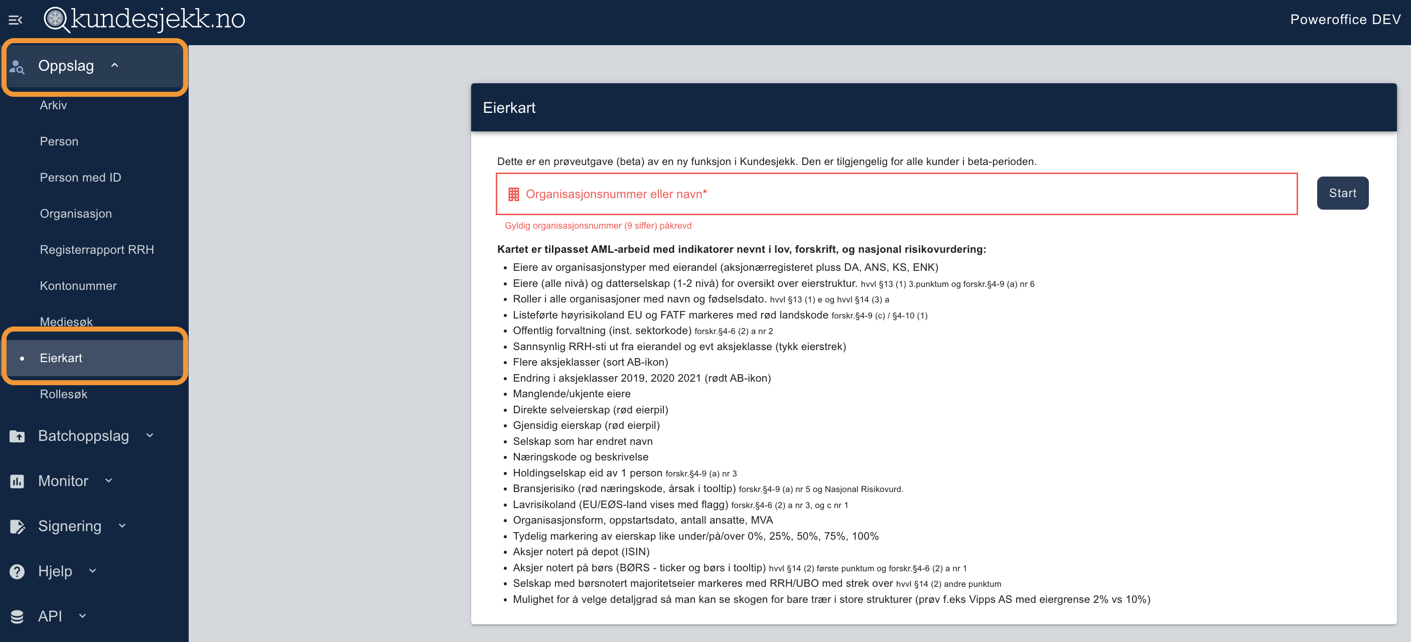 Eierkart-dialog: Inndata organisasjonsnummer/navn, Start-knapp, AML-krav og eierselskapsopplysninger listet