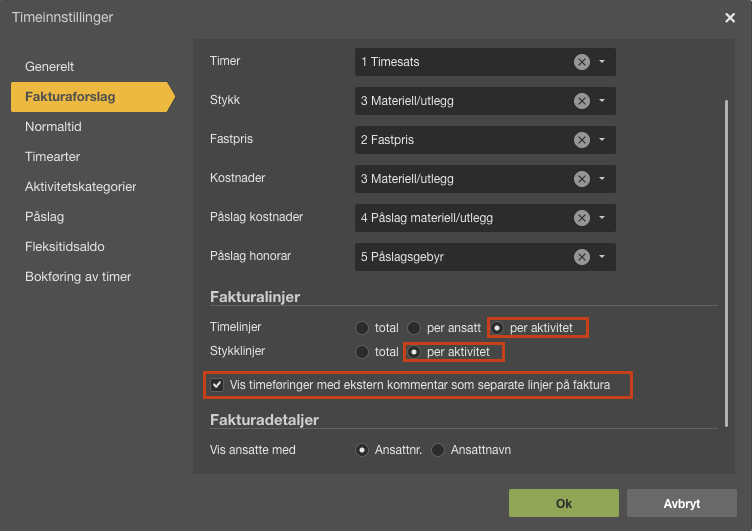 Timeinntillinger, Fakturaforslag: Timer/Stykk/Fastpris/Kostnader med kategorier, Fakturalinjer per aktivitet