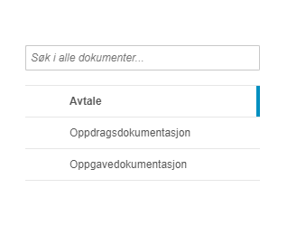 Søkefelt og filterkategorier: Avtale (valgt), Oppgragsdokumentasjon, Oppgavedokumentasjon