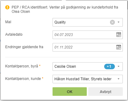 PEP/RCA-identifikasjon: Måling Quality, avledetato 04.07.2023, endringer fra 01.11.2022, kontaktpersoner valgt