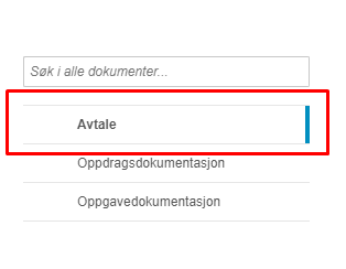 Søkefelt og Avtale-fane markert, med Oppdragsdokumentasjon og Oppgavedokumentasjon lenker