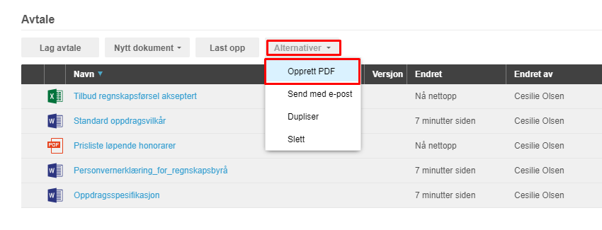 Avtale-liste med Alternativer-menyen åpen: Opprett PDF, Send med e-post, Dupliser, Slett