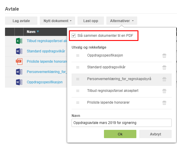 Dialogboks Slå sammen dokumenter til PDF: 5 dokumenttyper, navn «Oppdragsavtale mars 2019 for signering», Ok-knapp