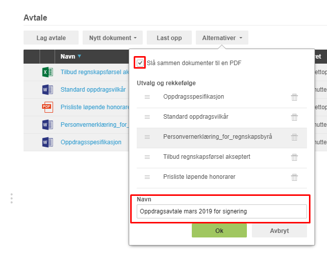 PDF-sammenslåing: velg dokumenter og navn «Oppdragsavtale mars 2019 for signering»