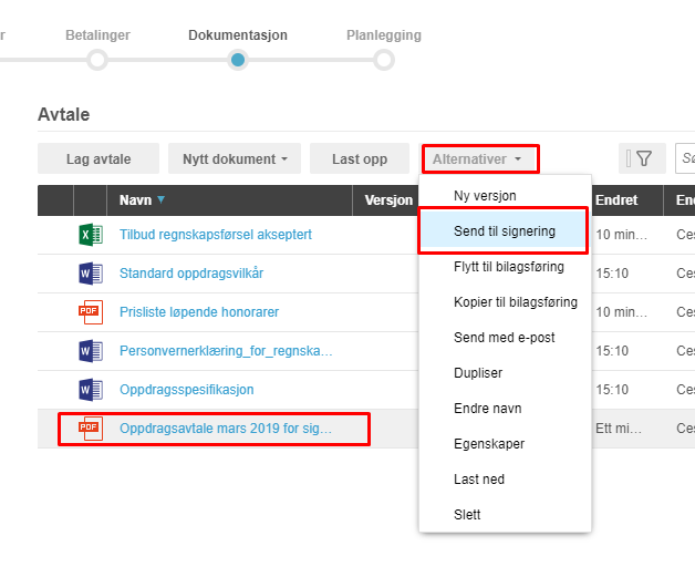 Alternativer-meny: Send til signering, Flytt → blagsføring, Kopier, E-post, Dupliser, Endre navn, Egenskaper, Låst ned, Slett