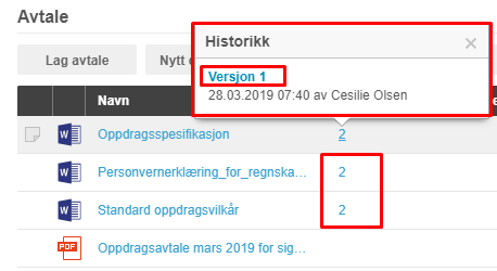 Historikk-dialogboks: Version 1, 28.03.2019 07:40 av Cecilie Olsen. Dokumentliste med versjonsnumre