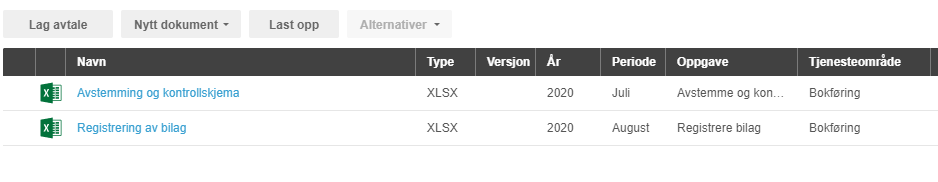 Tabell: Avstemming og kontrollskjema (XLSX 2020 juli), Registrering av bilag (XLSX 2020 august)