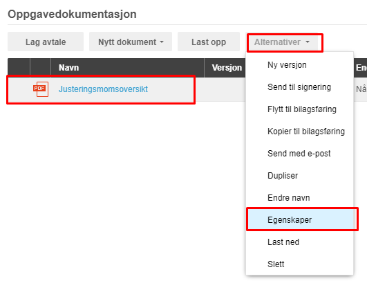 Justeringsmomsover­sikt-dokument med Alternativer-meny åpen, viser Egenskaper og syv andre handlinger