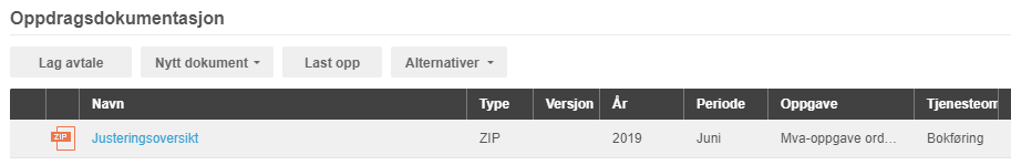 Oppdragsdokumentasjon: Justeringsoversikt ZIP-fil fra 2019 juni for mva-oppgave, bokført