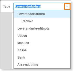 Type-felt rullegardin med Leverandørfaktura valgt og syv dokumenttyper synlig