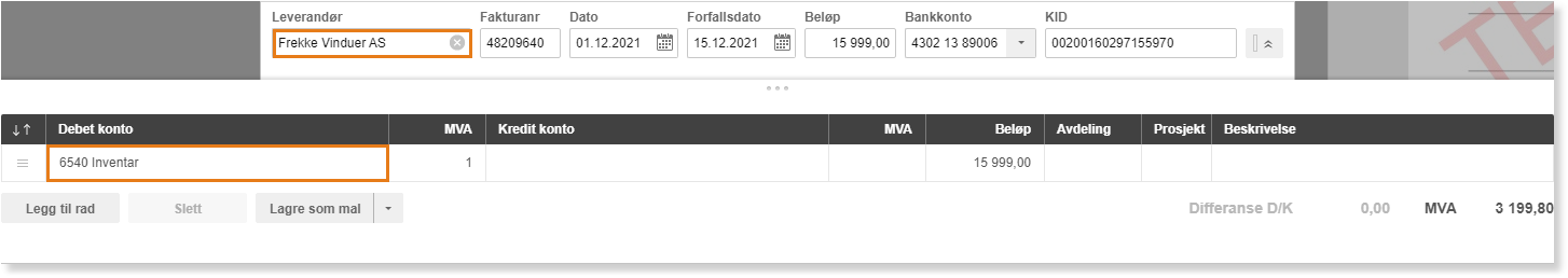 Faktura fra Frække Vinduer AS → konto 6540 Inventar → 15.999 kr + MVA = 3.199,80 kr