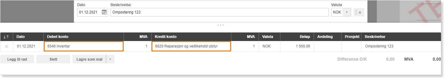 Bokføringslinje: Debet 6540 Inventar, Kredit 6620 Reparasjon, 1500 NOK, Ompostering 123