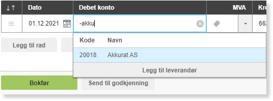 Debetkonto-dialog: dato 01.12.2021, konto -akkur, leverandør Akkurat AS (20018), Bokfer-knapp