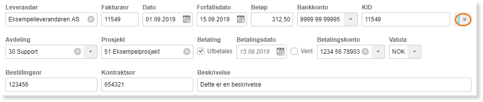Fakturaregistrering: Eksempelleverandøren AS, faktura 11549 fra 01.09.2019, beløp 312,50 NOK, utbetales 15.09.2019
