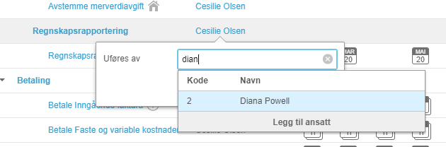 Søk etter kontakt: «dian» → resultatliste viser Diana Powell (kode 2), Legg til ansatt-knapp