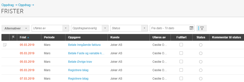 Frister-liste med oppgaver for Mars 2019: Betale fakturaer, registrere bilag for Joker AS, utfører Cesilie O.