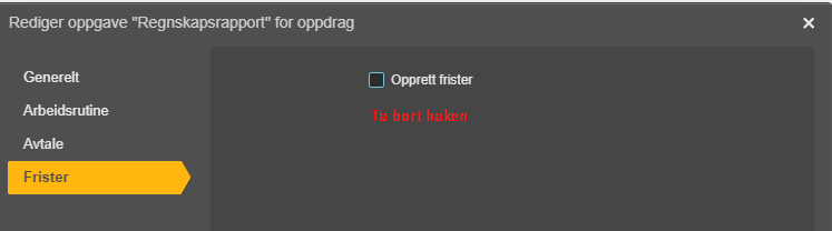 Oppgavedialogen Frister-fane med «Opprett frister» aktivert og rød feilmelding.
