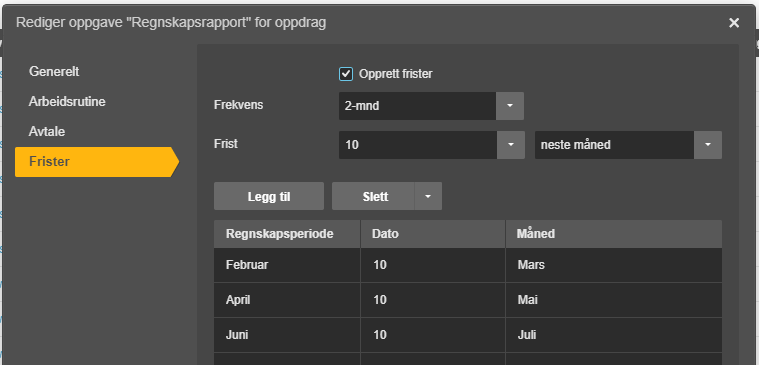 Dialogboks Regnskapsrapport, fanen Frister med tabell: februar 10→mars, april 10→mai, juni 10→juli