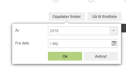 Datofilter-dialog: År 2019, Fra dato I dag, Ok og Avbryt-knapper