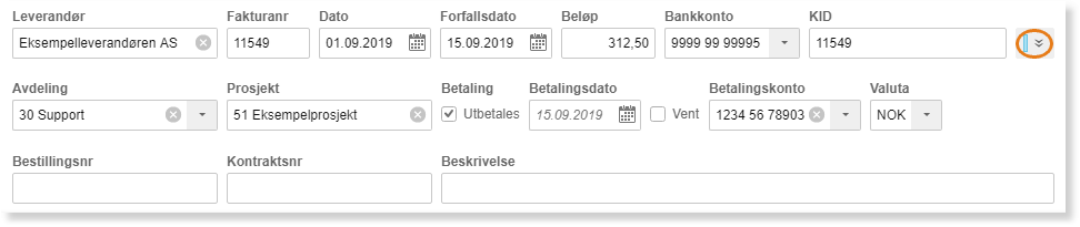 Fakturaregistrering: leverandør Eksempelleverandøren AS, faktura 11549 fra 01.09.2019, til prosjekt 51 Eksempelprosjekt