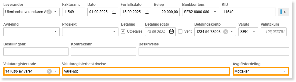 Innkjøpsfaktura Utenlandslevaranderen AS, 20 000 SEK, forfallsdato 15.09.2025, valuarregisterkode 14 Kjøp av varer