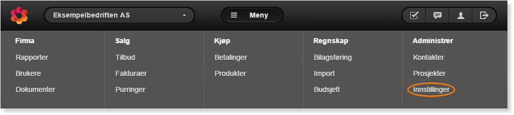 Hovedmeny med kategorier: Firma, Salg, Kjøp, Regnskap, Administrer. Innstillinger markert i orange