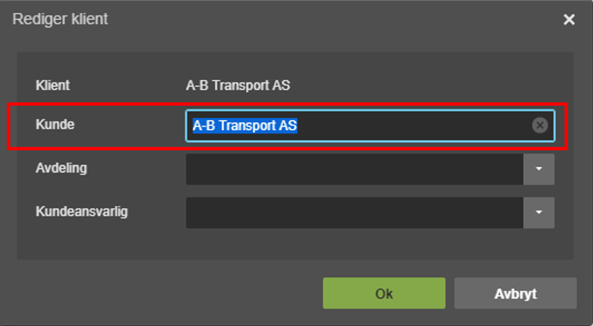 Rediger klient-dialogboks: Kunde-feltet «A-B Transport AS» markert, Avdeling og Kundeansvarlig tomme