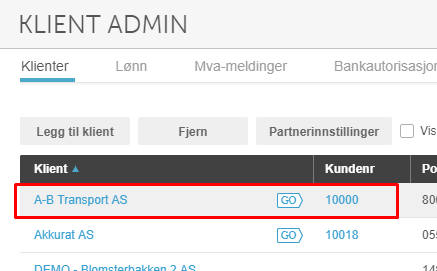 Klient Admin-fanen Klienter viser liste med A-B Transport AS markert (GO-knapp, kundenummer 10000)