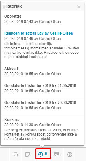 Historiepanel: Kontakt opprettet 20.03.2019 → risikovurdering → aktivert → frister oppdatert 01.05.2019