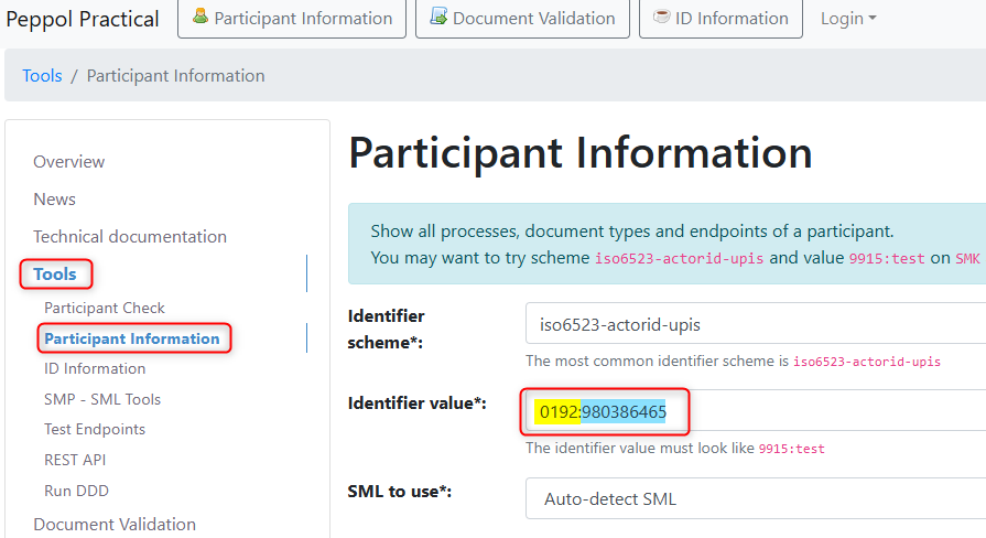 Participant Information: iso6523-actorid-upis scheme, ID 0192:980386465, SML Auto-detect