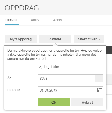 Ny oppdrag-dialogboks: År 2019, Fra dato 01.01.2019, Lag frister avkrysset, Ok-knapp