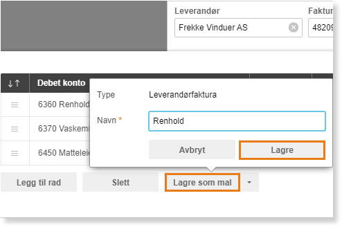 Leverandørfaktura-dialogboks med Navn «Renhold» og Lagre-knapp aktiv