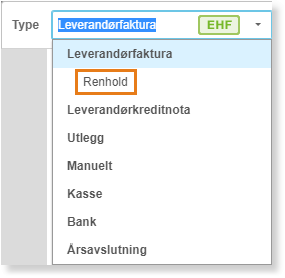 Rullegardin Type: Leverandørfaktura (valgt), Leverandørkreditnota, Utlegg, Manuelt, Kasse, Bank, Årsavslutning