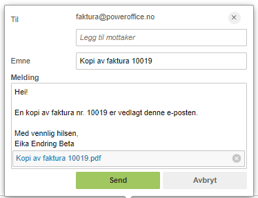 E-postdialog: mottaker faktura@poweroffice.no, emne «Kopi av faktura 10019», vedlegg PDF, Send-knapp
