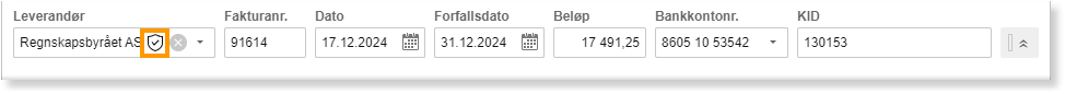 Fakturaregistrering: Regnskapsbyråets AS, nr. 91614, dato 17.12.2024, forfall 31.12.2024, beløp 17 491,25 kr