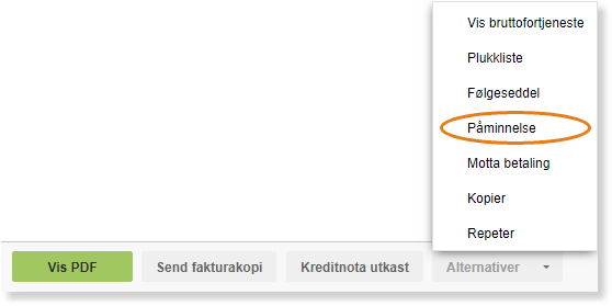 Fakturahandlingsmeny: Vis brutto­forjenteste, Plukliste, Følgeseddel, Påminnelse (merket), Motta betaling, Kopier, Repeter