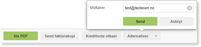 Sendedialog for faktura: Mottaker-felt med test@testesen.no, Send og Avbryt-knapper